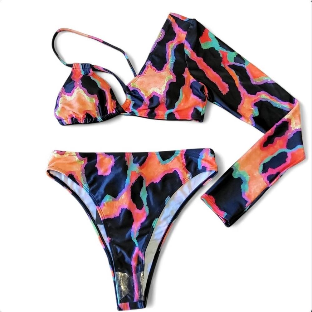 NWT PrettyLittleThing 3pc Neon Festival Strappy 1 Sleeve Bikini Sarong/Wrap Sz8